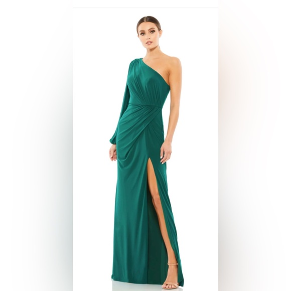 MAC DUGGAL ONE SHOULDER PUFF SLEEVE FAUX WRAP GOWN.  2091 - Picture 1 of 11